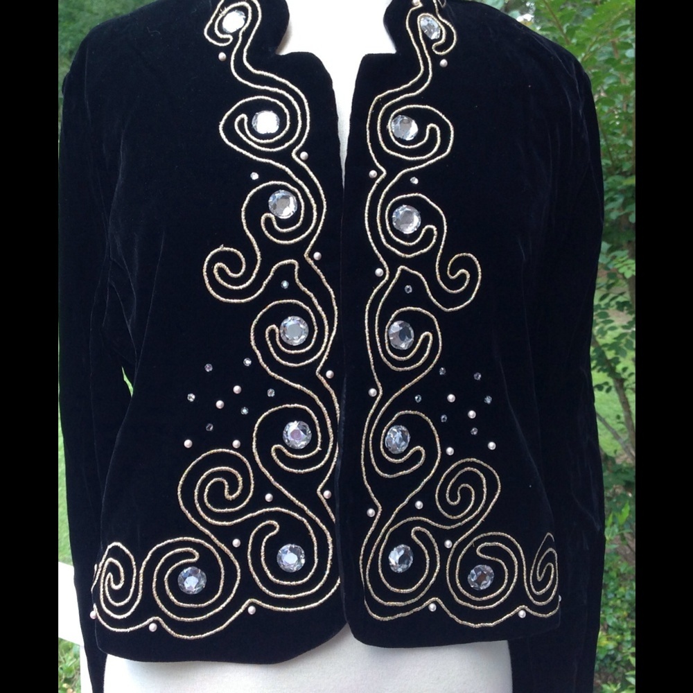 1980s Black Velvet Blazer Rhinestone Gold Metallic